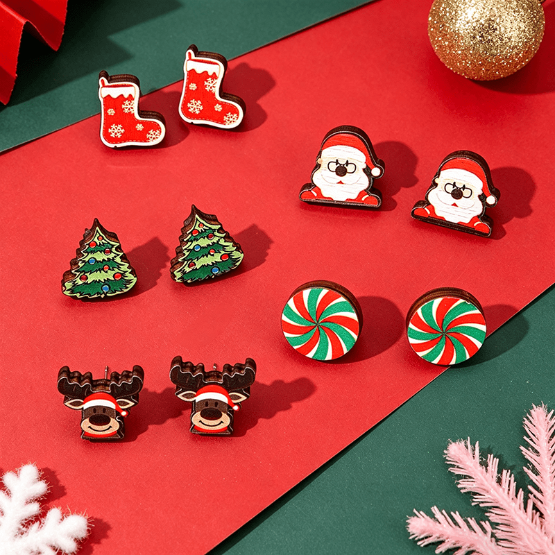 5-Pair Christmas Cartoon Stud Earrings Set